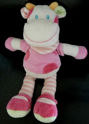 *. DOUDOU PELUCHE NICOTOY SIMBA VACHE ROSE VERT FOULARD RAYE BLANC ETAT NEUF* - Photo 1/4