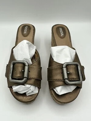 VTG Y2K Fossil Cork Wedge Sandal Copper Bronze Leather Buckle Platform Slide 6.5 - Image 1 of 4