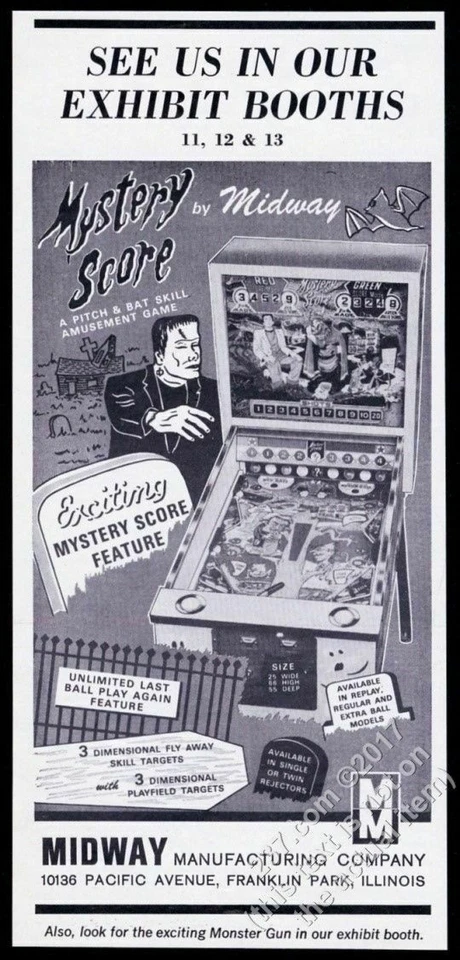 Máquina de pinball Midway Mystery Score 1965 foto Frankenstein arte anuncio vintage Foto 1 de 1