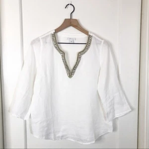 J Jill Womans Embellished Top Linen Size XS White Beaded 3/4 sleeves Summer - Picture 1 of 12