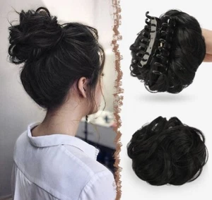 FESHFEN Messy Bun Hair Piece w Claw Clip Hair Buns Black Curly Wavy Hairpieces  - Picture 1 of 9