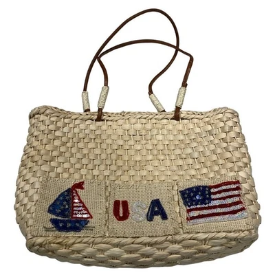 Cartera patriótica QVC Cornhusk paja EE. UU. con detalles de lentejuelas y asas de cuero Foto 1 de 4