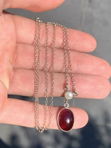 Silver Cultured Pearl Garnet Pendant Necklace, Vintage 925 - Picture 1 of 6