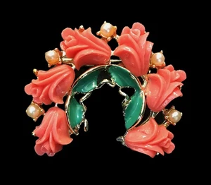 Rosenkreis Brosche Anstecknadel Koralle Rosen Kunstperlen Emaille Blätter Vintage - Bild 1 von 6