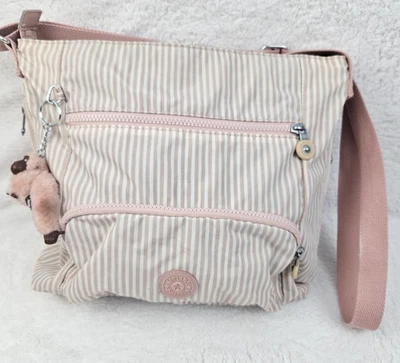 Kipling Umhängetasche beige & rosa gestreift Nylon Indra Monkey - Bild 1 von 4