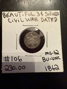 1862 Unc 3 Cent Silver Piece - Picture 1 of 3