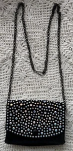 Women’s Purse Iridescent Gems Black Suede Chain Link Strap Snap 6” W X 4” H - Picture 1 of 5