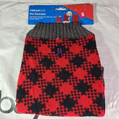 Vibrant Life Dog Pet Sweater Shih Tzu Or Cat Sz S Red & Black Plaid 10-20 Lb 13" - Image 1 of 4