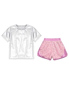 Kids Sportswear Sequins Activewear Round Neck Sets Exercise Qutfit Dance Shiny - Picture 1 of 74
