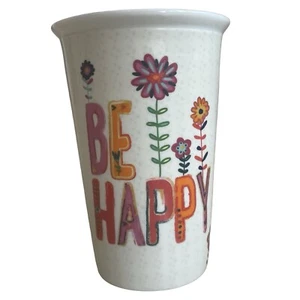 Natural Life Cup Be Happy Ceramic Travel Mug Colorful Flowers No Lid - Picture 1 of 6