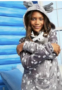 NWT Justice Girl Gray Reindeer One-Piece Fleece Pajamas & Toy Size 7 10 12 14 - Picture 1 of 1