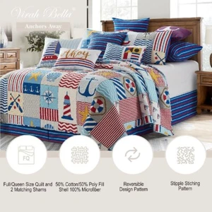 3 PC ANCHORS AWAY QUEEN FULL SIZE QUILT SET OCEAN LAKE LIGHTHOUSE SEA INSPIRED - Picture 1 of 3