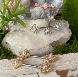 PAIR Pearl & Crystal Paved Flower Ends Nipple Rings Shields Vintage Barbells - Picture 1 of 5