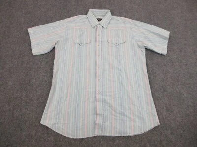 Panhandle Slim Shirt Mens Adult 17 1/2 Blue Pink Stripes Snap Button Up Western - Image 1 of 4