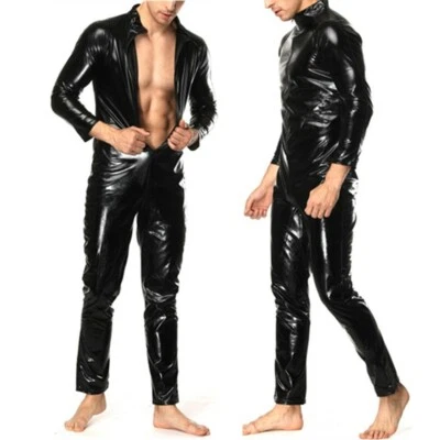 Men's Lingerie Zip Jumpsuit Leotard Shiny PVC Leather Bodysuit Clubwear Costume - Image 1 of 4