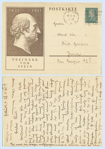 Alemania 1931 8 pf Freiherr von Stein papelería postal tarjeta postal H&G 196 - Imagen 1 de 1
