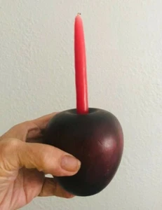 Red Wood APPLE CANDLEHOLDER Life Size Candle Stick Primitive Farmhouse  COTTAGE - Picture 1 of 7