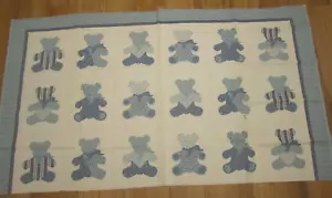 Cotton Fabric Panel Teddy Bears in Blue and Cream 18 Blocks 6.5x7.5 - Picture 1 of 5