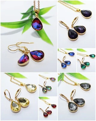 SET EDELSTAHL KRISTALL Tropfen Brisur Ohrhänger Ohrringe gold Glas Halskette - Bild 1 von 4