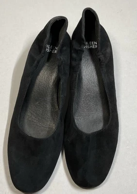 Eileen Fisher Winn Su 黑色极简主义麂皮绒粗跟 9.5M 码低跟懒人鞋 — 第 1/4 张图片