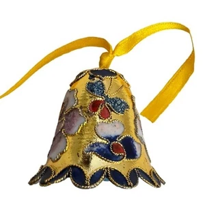 Vintage Enamel Cloisonné Bell Christmas Ornament Flowers Butterfly Floral Gold - Picture 1 of 5