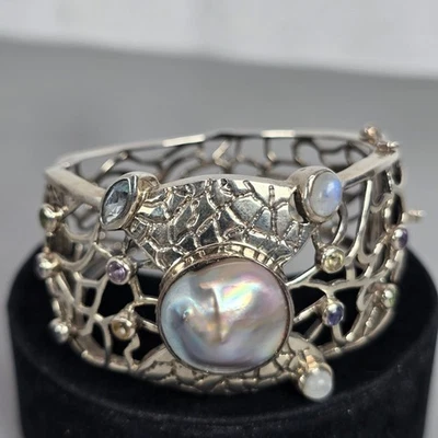 Beautiful 925 Sterling Openwork Cuff Bracelet Pearl & Gemstone Accents Moonstone - Image 1 of 4