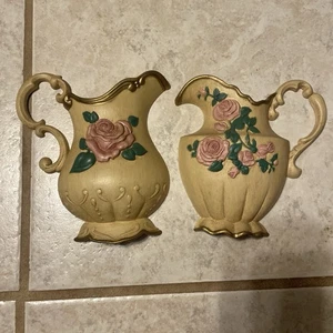 Vintage Homco Home Interior Pink Rose Pitcher Set Of 2 Wall Hanging Home Decor - Picture 1 of 12