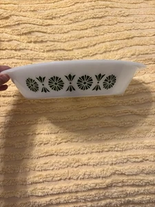 Vintage Glasbake White Glass Serving Divided Dish Green Daisy Flowers - Picture 1 of 11