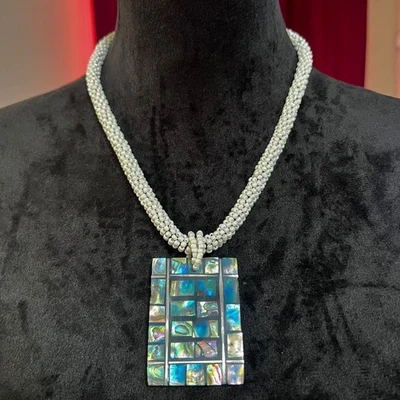 Abalone Shell Pendant Necklace Beaded Bib Statement Women's Jewelry 20 in - Image 1 of 4