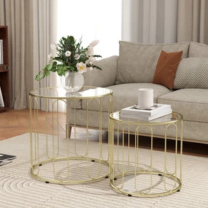 Round Coffee Table Set of 2, Nest of Tables for Living Room, Gold Tone - Picture 1 of 11