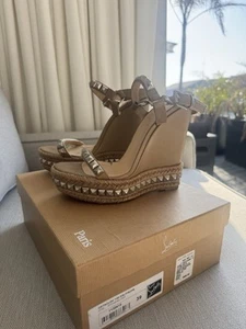Christian Louboutin Cataclou 140 Calf Rope 3130 Stone/Silver Stud Wedges Summer - Picture 1 of 10