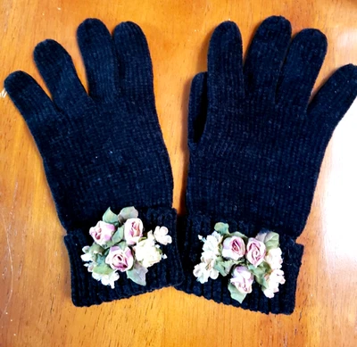 Women's Knit Gloves w/ Pink Flower Embellishment Black One Size Roses - Image 1 of 4