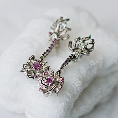 Pendientes de zafiro natural púrpura-rosa certificados por GIA, sin calor, engarzados en paladio Foto 1 de 4