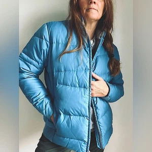 Vintage Woolrich Down Puffer Coat Medium Ski Winter blue Ski Outdoor Sustainable - Picture 1 of 12