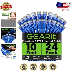 Paquete de 24 cables Ethernet sin enganches Cat 6 de 10 pies con conectores RJ45 chapados en oro - Imagen 1 de 10