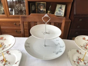 Large 2 Tier (27cm/19cm) Cake Stand - White with Grey Butterflies - Picture 1 of 1