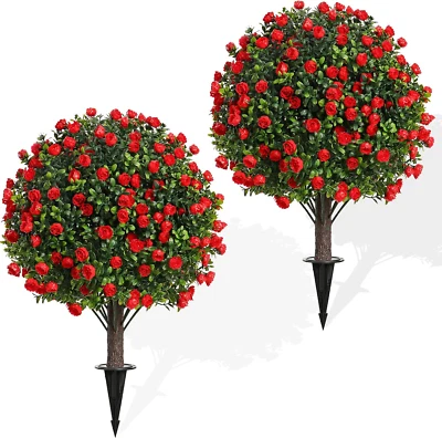 Artificial Rose Topiary Trees, 17 Inch Uv-Resistant Red Flowers, Set of 2 with G - Image 1 of 4