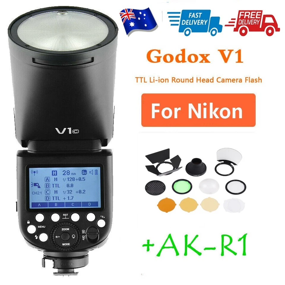 Godox V1-N Flash 76Ws 2.4G TTL Round Head Flash Speedlight With AK-R1 for Nikon - Image 1 of 4