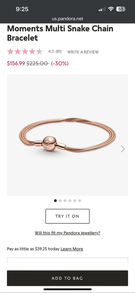 Authentic PANDORA Rose Gold Multi Snake Chain Charm Bracelet 8.7in Length NEW - Image 1 of 4