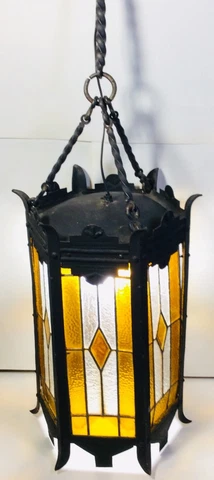Antique Art Deco 1930s Large Pendant Light Iron Stained Glass Spanish Revival Cover