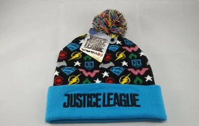 NEW BOY'S BEANIE JUSTICE LEAGUE DC CUFF KNIT WITH POM POM BLACK AND MULTI COLOR - Image 1 of 4