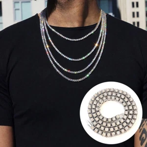 Stainless Steel Silver Chain Cuban Rhinestone Womens Mens Necklace Choker  ⇘ - Picture 1 of 18