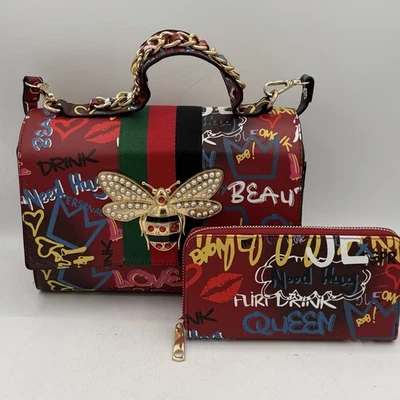 Queen Bee Stripe Graffiti Fashion Boxy Satchel Bag Purse - Image 1 of 4