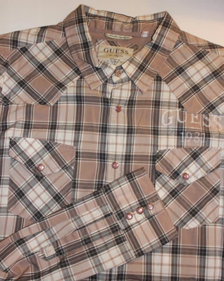 Vtg Guess Shirt Mens XXL Tan Plaid Pink Pearl Snaps LS Western Cowboy Rodeo - Image 1 of 4