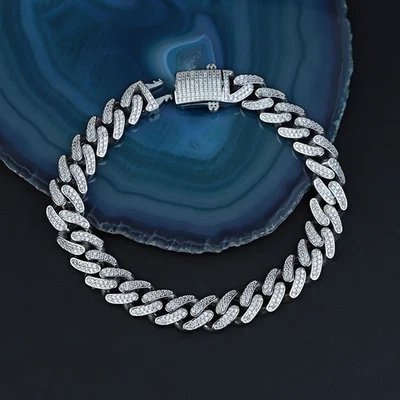 925 Silver Moissanite Curb Chain Miami Prong Cuban Link Bracelet - Image 1 of 4