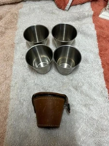 vintage travel 4 metal shot cups in leather case - Picture 1 of 3