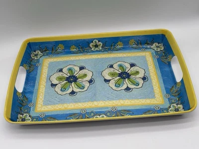 "Bandeja para servir vintage azul melamina y amarillo floral asas 18""" Foto 1 de 4
