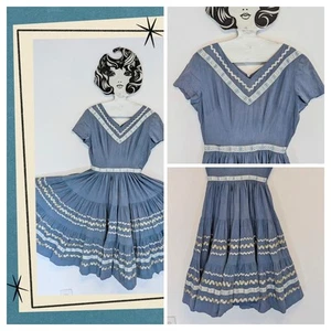 Vtg 50s Patio Dress Fiesta Mexican Blue Cotton Crepe Silver Trim Full Sweep XS/S - Picture 1 of 18