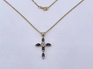 9ct Gold Sapphire & Diamond Cross & 18" Chain Necklace. Goldmine Jewellers. - Picture 1 of 6