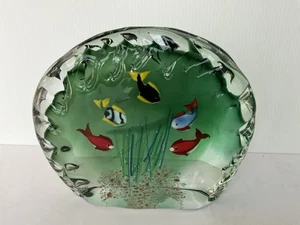 Vintage Murano Glass 5 Fish Aquarium Sculpture 6” x 7” Green Cast Piecrust Rim - Picture 1 of 11